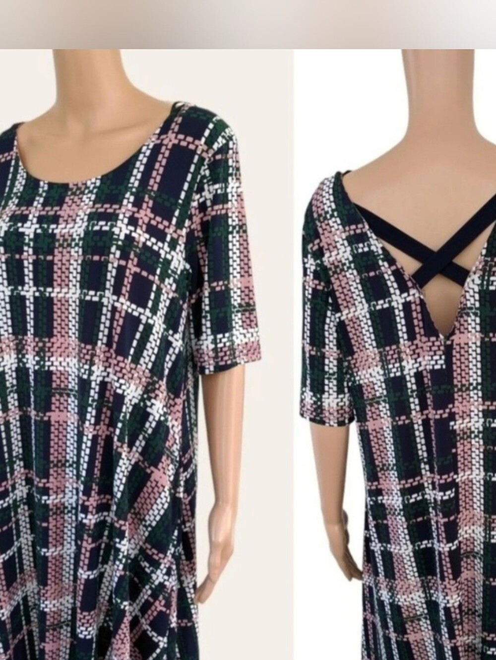 Nina Leonard Navy, Pink & Green Plaid Crisscross-Back Tunic